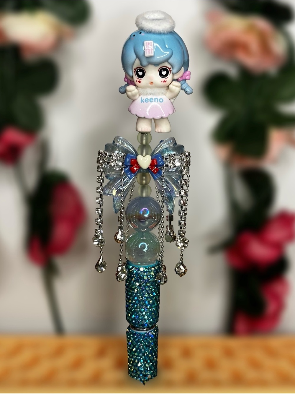 Keeno Angel with Fancy Rhinestone Dangle Bow Handmade Beaded Pen